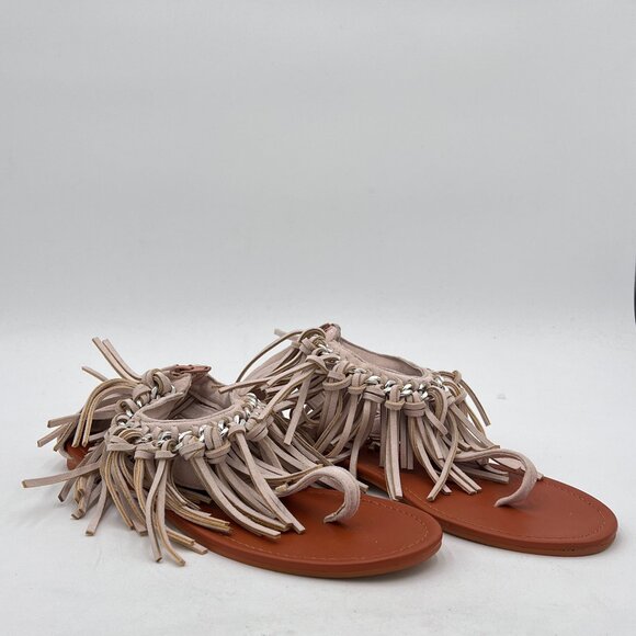 Women's Fringe Flat Thong Sandals T-strap Suede Comfy Back Zip Summer Roman Tass - Picture 1 of 6